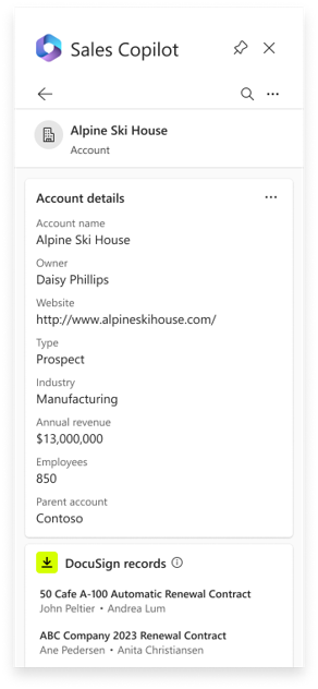 Sales Copilot showing agreements related to an account from DocuSign.png