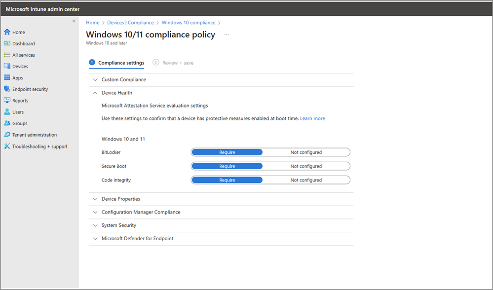 A screenshot of the three Device Health settings configured to “Required” on the Compliance settings pane.