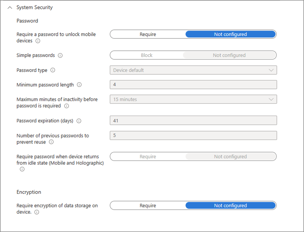 A screenshot of the Require encryption of data storage on device option under System Security settings.