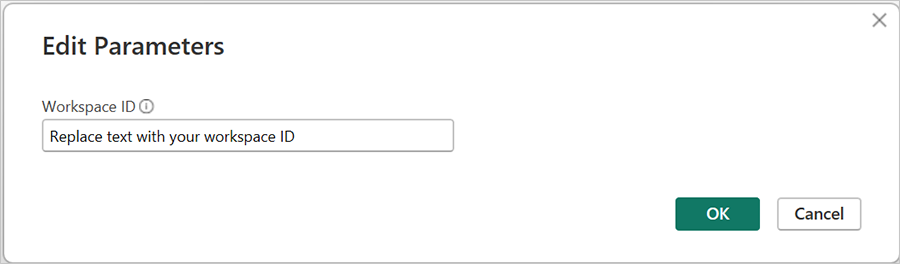 Screenshot of a dialog box to update workspace ID in Power BI dashboard.