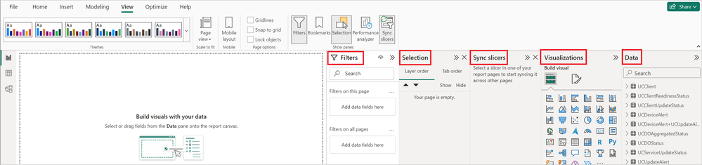 Screenshot of customization options in the Power BI template, including filters, selection, sync filters, visualizations, and data.