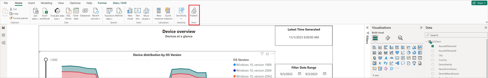Screenshot of the Publish option on the top toolbar in Power BI.