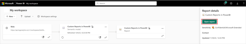 Screenshot of My workspace in Power BI with report details offering the option to open the report.
