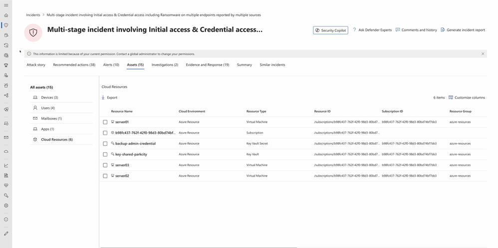 Figure 3: The impacted assets for an incident in Microsoft Defender XDR now include the list of cloud resources obtained by insights from Microsoft Defender for Cloud.