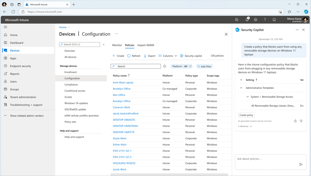 Security Copilot in Intune admin center helps IT admins to create policies based on provided requirements.