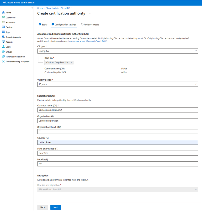 Simple configuration settings in the Intune admin center, all adhering to industry standards for Certification Authority creation.