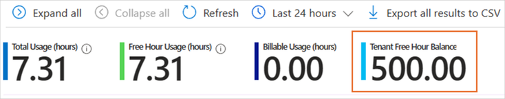 Screenshot of Test Base customer Usage Console showing 500 free usage hours when the customer has an active E3/E5 plan.