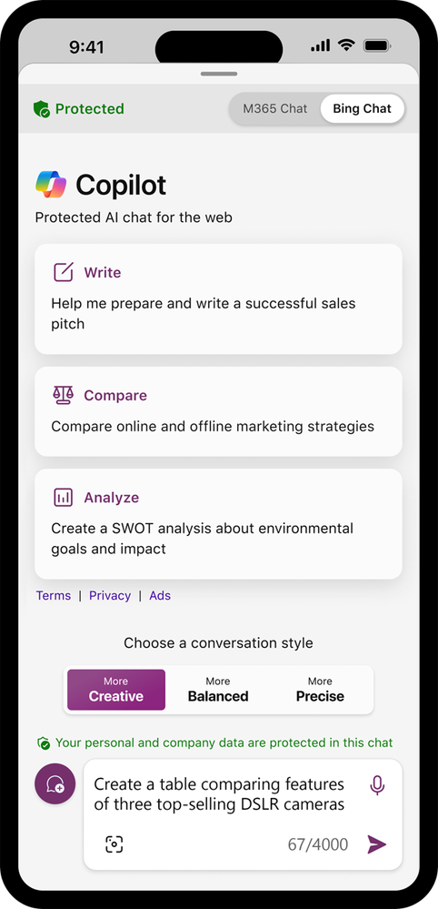 An image demonstrating Copilot with commercial data protection on a mobile device