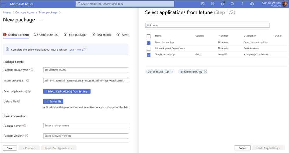 Screenshot of the first step of Intune enrollment: Select the credentials for Intune login and apps to test against.