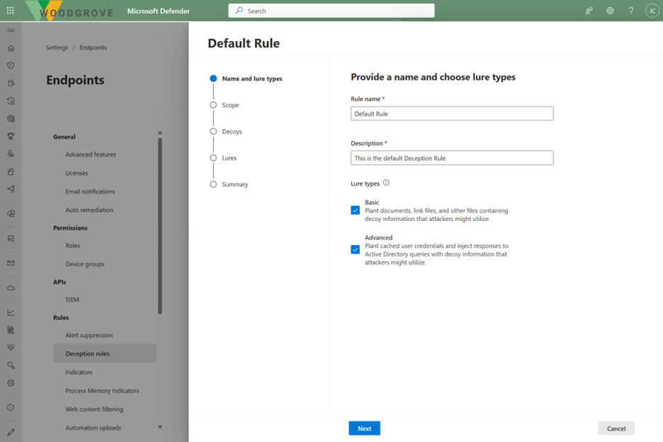 Image 3: Deception rule creation in Defender for Endpoint.