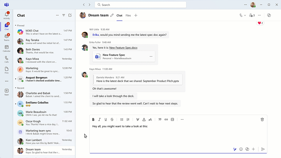 In a Microsoft Teams chat message, a code block is added. The code language is changed to Javascript..gif