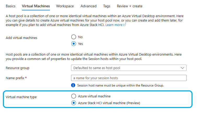 Screenshot of the Virtual Machines options; virtual machine type is highlighted and "Azure Stack HCI virtual machine (Preview) is selected