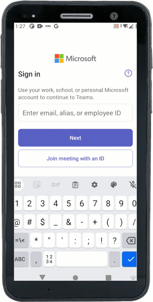 An animated image showing domain-less sign-in on Microsoft Teams