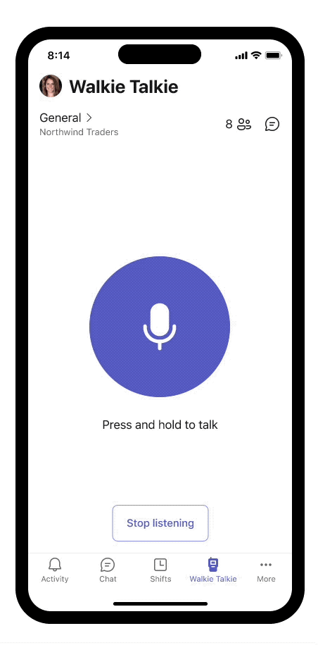 An animated image showing listen to multiple channels on Walkie Talkie in Microsoft Teams