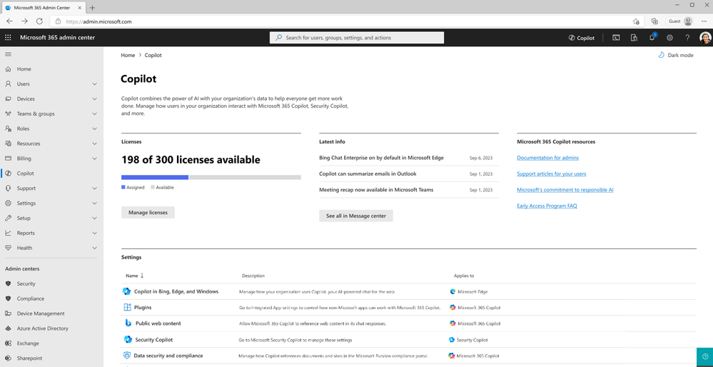 an image of the Copilot page in the Microsoft 365 admin center