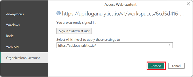 Screenshot of a dialog box to connect Log Analytics as a web source in Power BI Desktop.