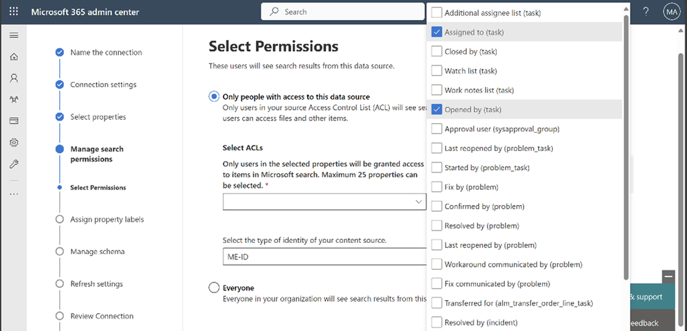 View of permissions selection screen to allow selective roles to view tickets