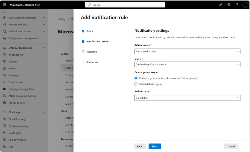 Image 1: Setting up an email notification rule in Microsoft Defender portal