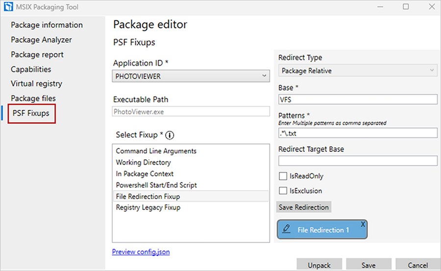 Screenshot of the PSF fixups options in the Package editor.