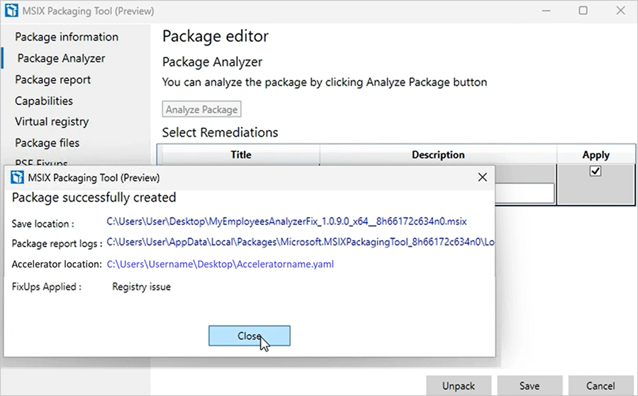 Screenshot of a notification saying a package is successfully created.