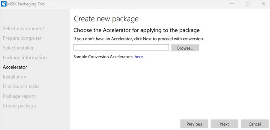 Screenshot of choosing the Accelerator during the create new package workflow.