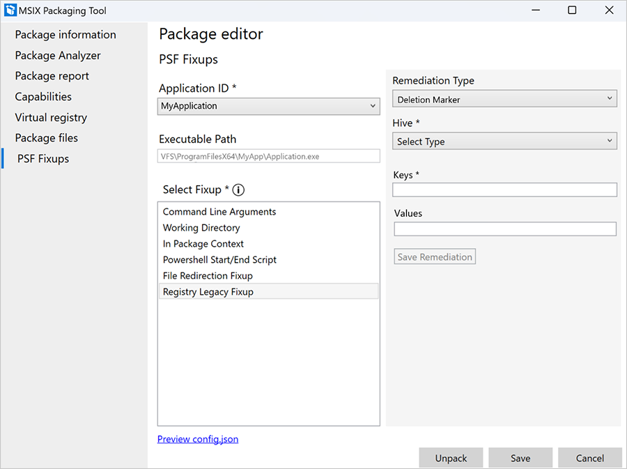 Screenshot of the Package editor with Registry Legacy Fixup selected.