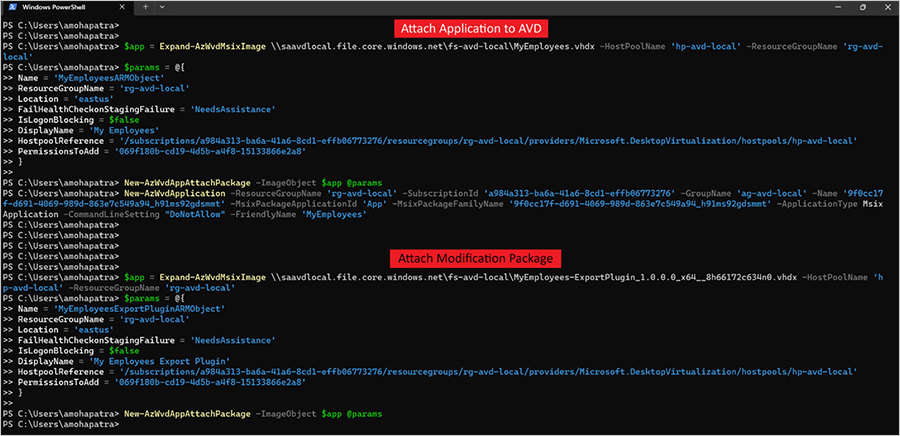 Screenshot of Windows PowerShell showing the attach application to AVD and attach modification package.