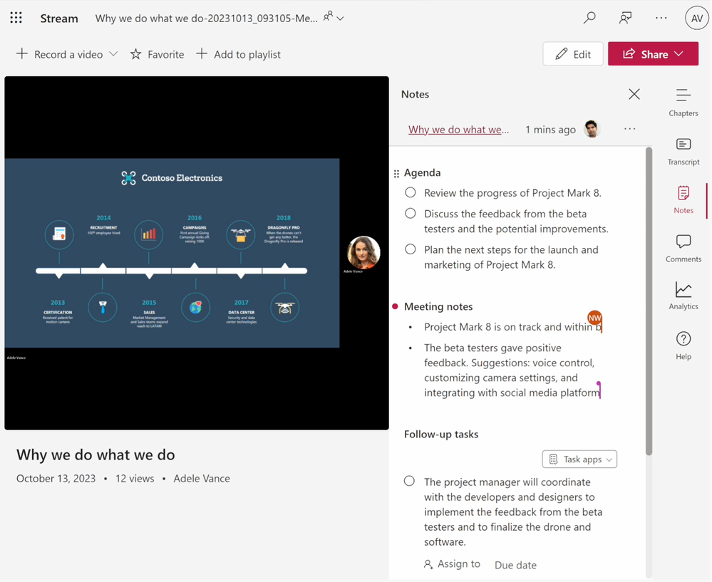 For Teams meeting recordings you can now see and update the Loop component with the meeting notes while watching the recording.