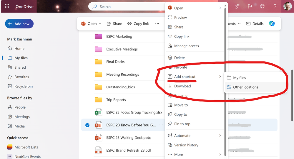 Add shortcuts to individual files in OneDrive for work or school, bringing a reference of them into your My files or other locations.