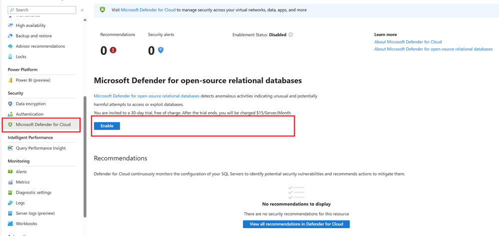 Enabling  Defender with PostgreSQL Flexible Server in Azure Portal