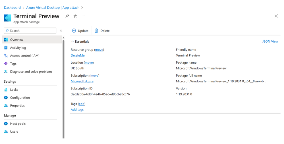 A look at the Overview pane for Azure Virtual Desktop app attach in the Azure Portal