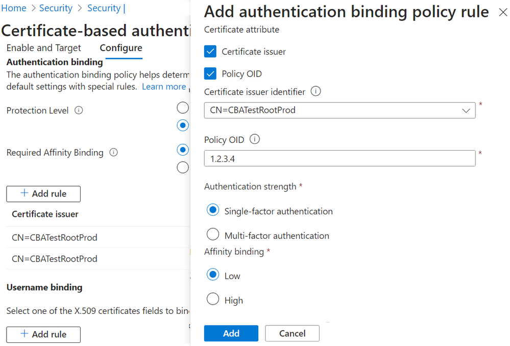 Figure 2: Configure certificate-based authentication binding policy rule