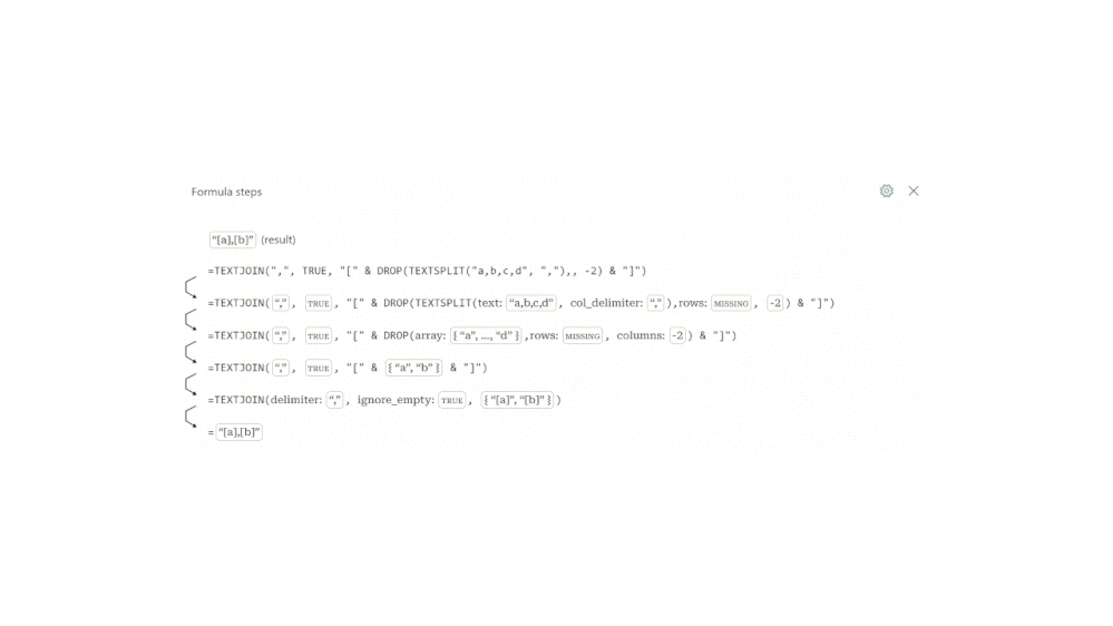 Evaluation steps show each change in the formula