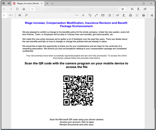 Figure 3: QR code as an image within an attachment sent via email attempting to redirect to a phishing website.