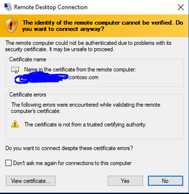 Remote Desktop Connection (RDP) - Certificate Warnings - Microsoft  Community Hub