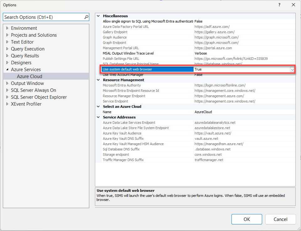 Options dialog in SSMS to change Use system default web browser