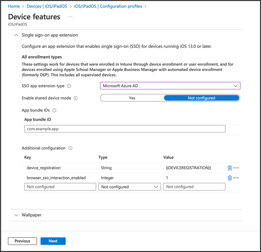 Example of the "Device features" settings for iOS/iPadOS  in the Microsoft Intune admin center.