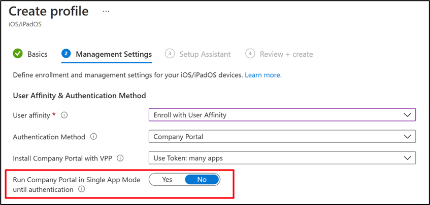 Example of the "Management Settings" profile settings with the "Run Company Portal in Single App Mode until authentication" in the Microsoft Intune admin center.
