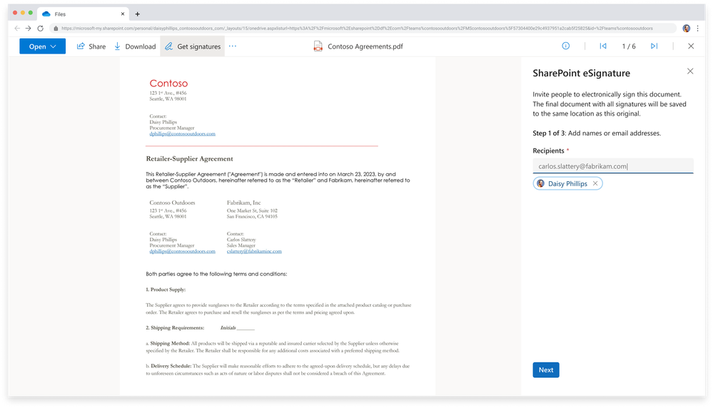 On the SharePoint eSignature panel, add up to 10 internal or external recipients you want to sign the document, and then select Next.