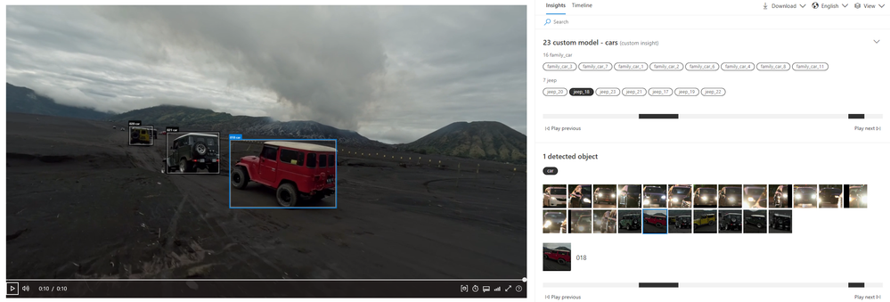 Figure 4: Azure Video Indexer with the new custom insight for the red car classified as family jeep.