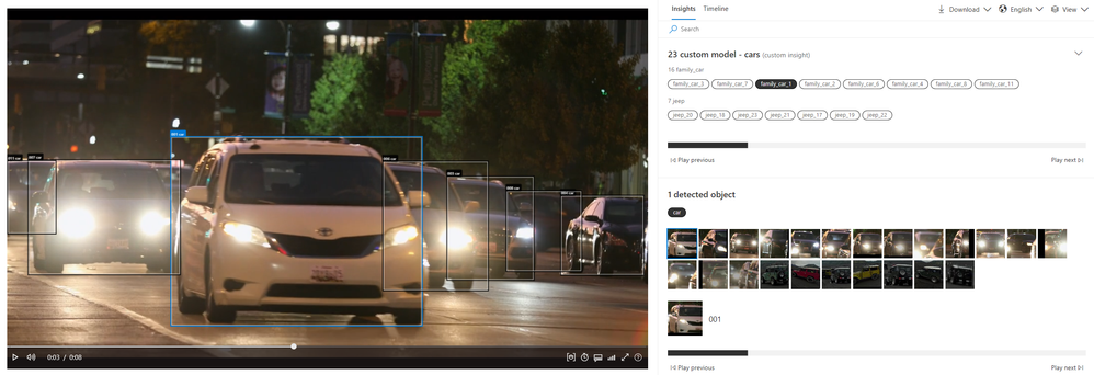 Figure 3: Azure Video Indexer with the new custom insight for the white car classified as family car.