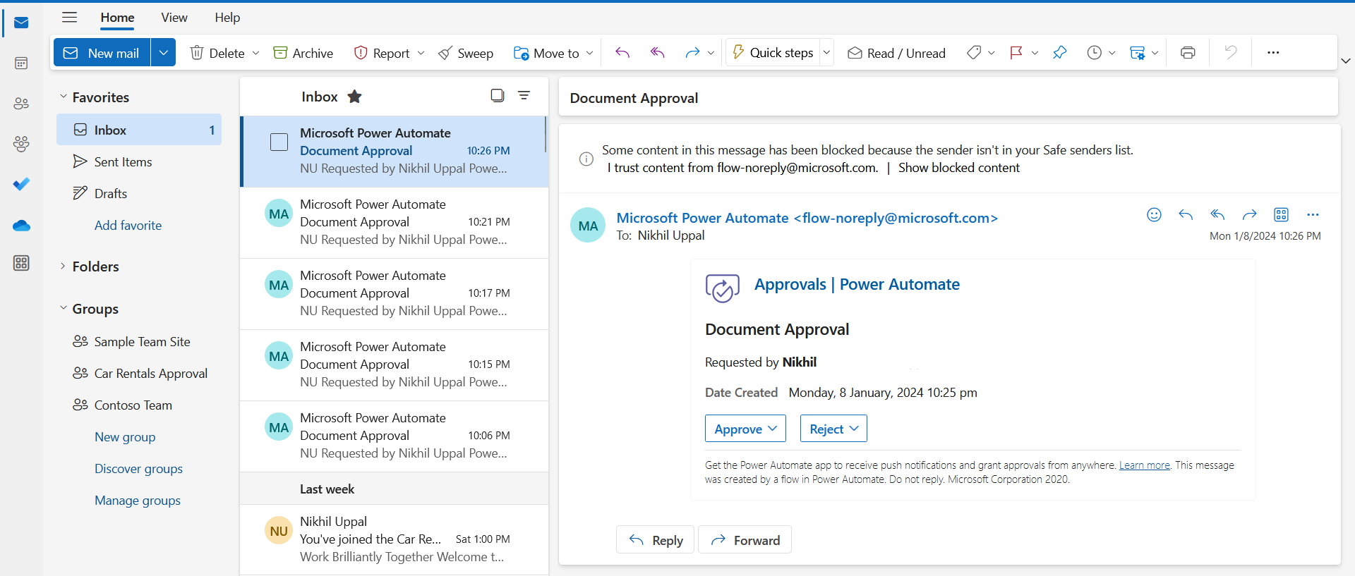 Trying to create approval request in power automate to move file ...