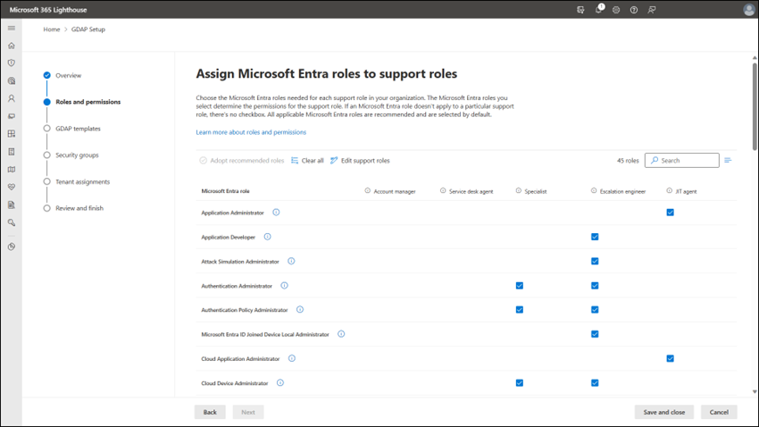 Screenshot of Microsoft 365 Lighthouse Granular Delegated Access Privileges setup wizard.