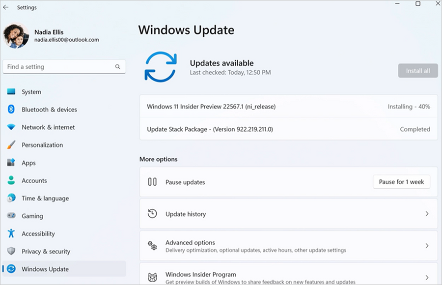 Screenshot of the Windows Update page in Settings.