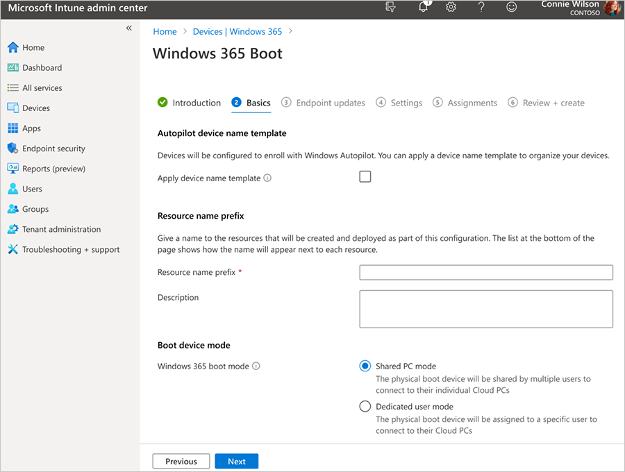 Screenshot of the Basics menu for Windows 365 Boot in the Microsoft Intune admin center.