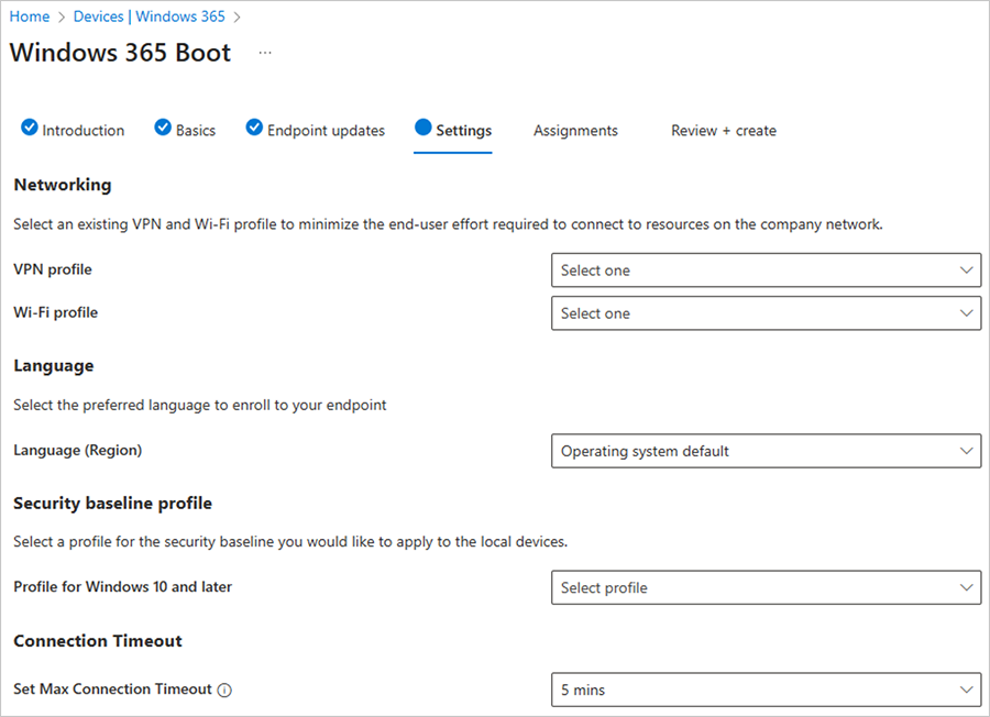 Screenshot of the Settings menu for Windows 365 Boot.