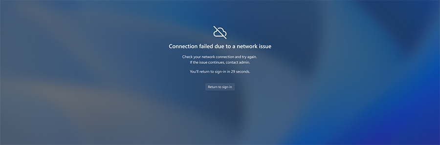 Screenshot of notification on the Windows login screen when there are network issues trying to connect.