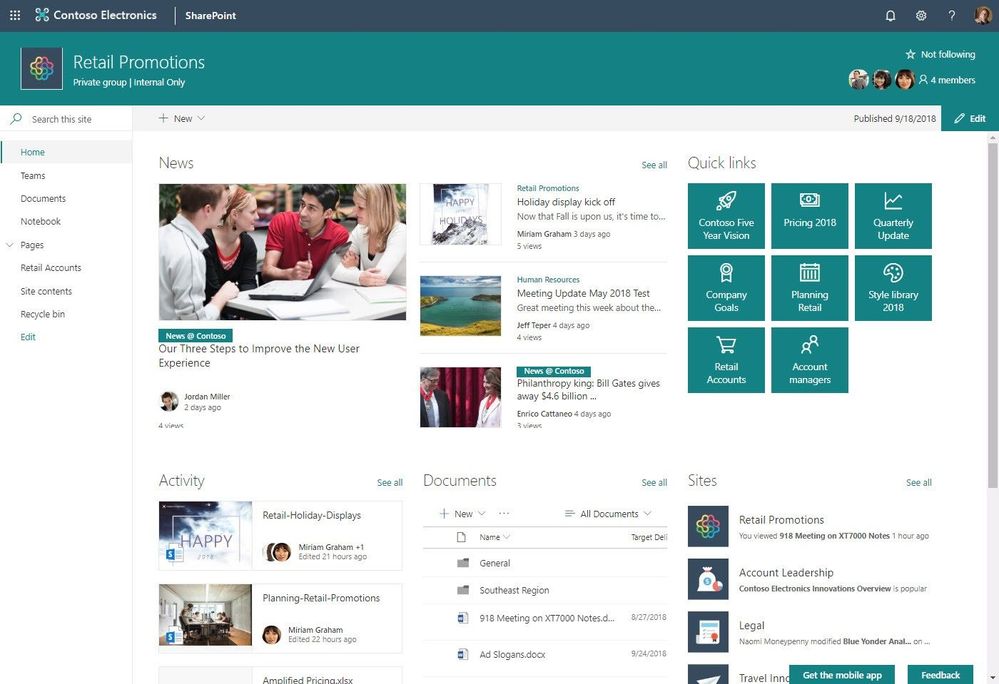 Group-connected SharePoint team site homepage.