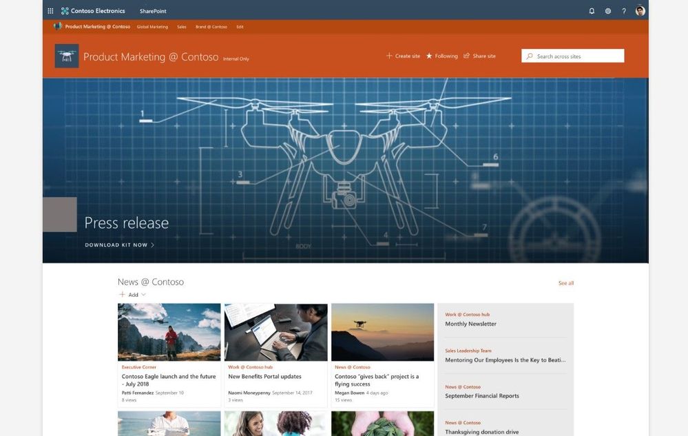 Example SharePoint hub site used to communicate news and information to the Contoso Inc. product marketing team through their intranet.