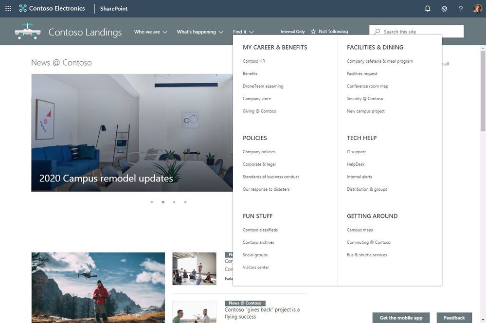 New SharePoint megamenu shown being used on a communication site.